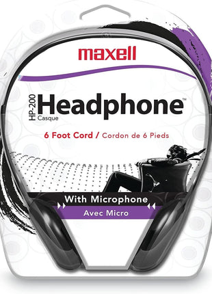 Maxell HP200 Headphone with Microphone, 6 ft Cord, Black