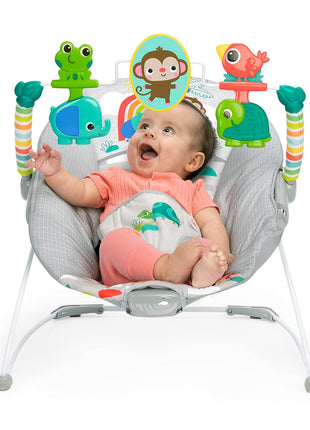 Bright Starts Playful Paradise Comfy Baby Bouncer Seat with Soothing Vibration and Toys, Unisex, 0-6 Months