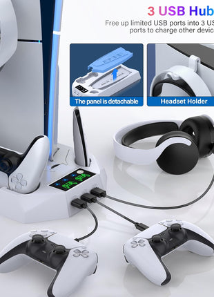 PS5/PS5 Slim/PS5 Pro Stand and Cooling Station with Dual Controller Charging Station for PlayStation 5 Console, PS5 Accessories Incl. Controller Charger, Cooling Fan, Headset Holder, 3 USB Hub, White