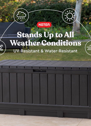 Keter Kentwood 92 Gallon Resin Deck Box-Organization and Storage for Patio Furniture Outdoor Cushions, Throw Pillows, Garden Tools and Pool Floats, Dark Grey