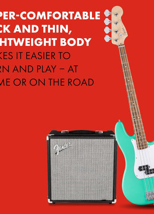 Fender Squier Debut Series Beginner Precision Bass Guitar, Sea Foam Green | Starter electric bass guitar, free lessons included, 2-year warranty, satin urethane finish, ideal for beginners