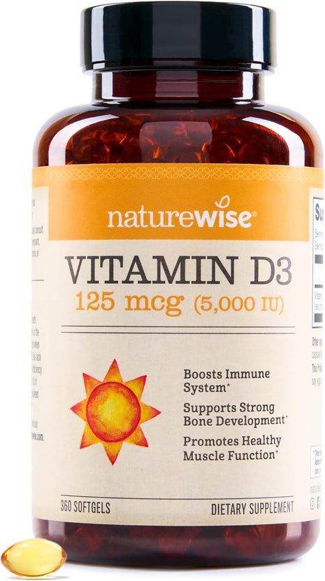 NatureWise Vitamin D3 5000iu (125 mcg) 1 Year Supply for Immune Support, Healthy Muscle Function, and Bone Health   Non GMO, Gluten Free in Organic Extra Virgin Olive Oil, (Mini Softgel), 360 Count