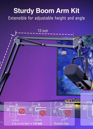 FIFINE XLR/USB Gaming Microphone Set, Dynamic PC Mic for Streaming Podcasting, Computer RGB Mic Kit with Boom Arm Stand, Mute Button, Headphones Jack, for Recording Vocal Voice-Over-AmpliGame AM8T