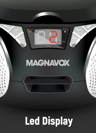 Magnavox MD6924 Portable Top Loading CD Boombox with AM/FM Stereo Radio in Black | CD-R/CD-RW Compatible | LED Display | AUX Port Supported | Programmable CD Player |