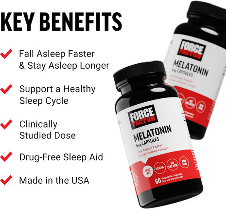 Force Factor Melatonin 5mg, Drug-Free Supplement, Vegan, Non-GMO, 60 Vegetable Capsules (Pack of 2)