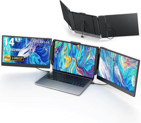APILDELLA 14'' Triple Laptop Screen Extender, 1080P FHD Portable Dual Monitor for Laptop USB C HDMI, Plug-Play Monitor Extender for Triple Display for Mac/Windows, Fit 13 inch-17.3 inch Laptops