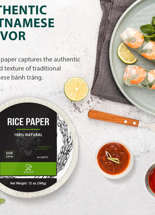Soeos Rice Paper, White Rice Paper Wrappers, 1 Pack, 34 Sheets Fresh Spring Roll Wrappers & Dumplings, Non GMO, Gluten Free, Low Carb, Vietnamese Rice Wraps (Round, 22cm)