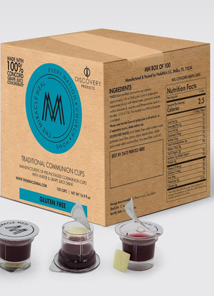 Pre Packaged Gluten Free Communion PLUS Cups | Box of 100 with Juice and Gluten Free Wafer