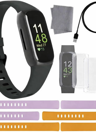 Fitbit Inspire 3 Health & Fitness Tracker Bundle - with Stress Management, Workout Intensity, Sleep Tracking, 24/7 Heart + 2 Silicone Bands, 2 Screen Protectors, Cleaning Cloth & Fast Charger