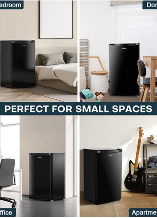 Upstreman 3.2 Cu.Ft Mini Fridge with Freezer, Quiet Efficient Small Fridge, Compact Refrigerator with Adjustable Thermostat, for Dorm, Bedroom, Office, Black-BR321