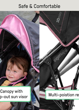 Ingenuity 3D Mini Convenience Stroller – Lightweight Stroller with Compact Fold, Multi-Position Recline, Canopy with Pop Out Sun Visor and More – Umbrella Stroller for Travel, Pink