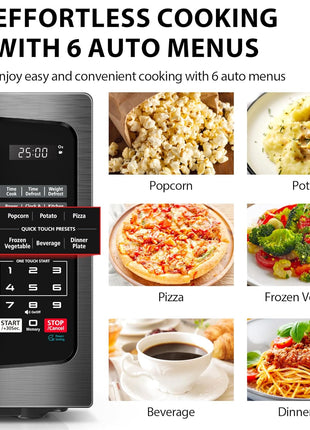 TOSHIBA ML EM09PA(BS) Small Microwave Oven with 6 Auto Menus, Mute Function & Child Lock, LED Lighting, Perfect for Apartment, 0.9 Cu Ft, 10.6 Inch Removable Turntable, 900W, Black Stainless Steel