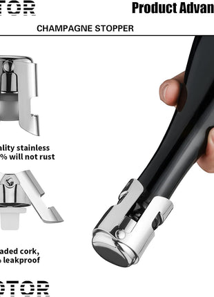 WOTOR Champagne Stoppers Stainless Steel, Prosecco Bottle Stopper with Food Grade Silicone, Reusable Champagne Cork & Saver, Leak proof Keep Fresh (Silver, 2 Pack)