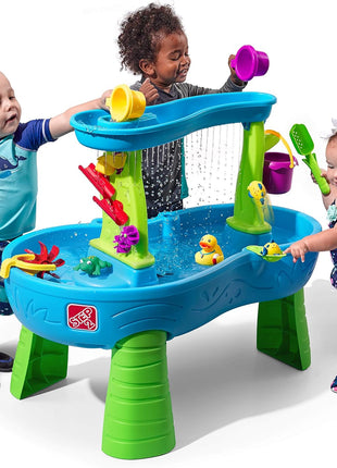 Step2 Rain Showers Splash Pond Toddler Water Table, Outdoor Kids Water Sensory Table, Ages 18+ Months, 13 Piece Water Toy Accessories, Blue & Green