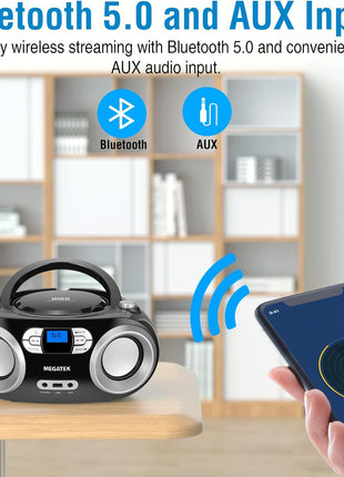 MEGATEK Portable CD Player Boombox with FM Radio, Bluetooth, USB Port, AUX Input, and Headphone Jack – CD-R/CD-RW/MP3-CD Compatible, Clear Stereo Sound, Backlit LCD Display – Black
