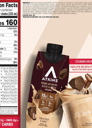 Atkins Mocha Latte Iced Coffee Flavored High Protein Shake, 12 Count | 15g Protein, 4g Net Carbs, 1g Sugar, 3g Fiber, Contains Caffeine, Ready to Drink, 11fl oz, 3 Pack of 4 Count Shakes