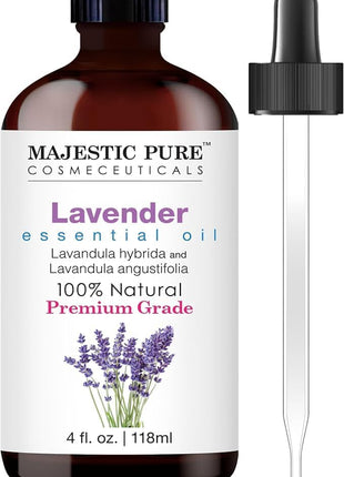Majestic Pure Lavender Essential Oil with Glass Dropper   Huge 4 Fl Oz   100% Pure and Natural Lavender Oil   Premium Grade Essential Oils for Diffuser, Aromatherapy, Soap and Candle Making