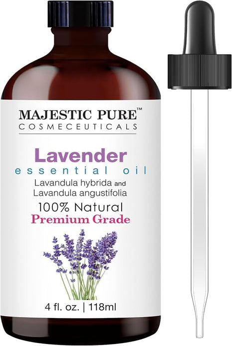 Majestic Pure Lavender Essential Oil with Glass Dropper   Huge 4 Fl Oz   100% Pure and Natural Lavender Oil   Premium Grade Essential Oils for Diffuser, Aromatherapy, Soap and Candle Making