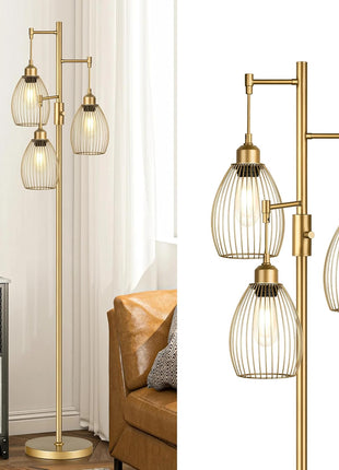 Dimmable Industrial Floor Lamps for Living Room, Gold Tree Standing Tall Lamps with 3 Elegant Teardrop Cage Head & 800 Lumens LED Bulbs for Bedroom Office
