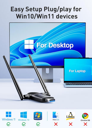 Nineplus Wireless USB WiFi Adapter for PC - 1300Mbps Dual 5Dbi Antennas 5G/2.4G WiFi Adapter for Desktop PC Laptop Windows11/10/7, Wireless Adapters for Desktop Computer Network Adapters