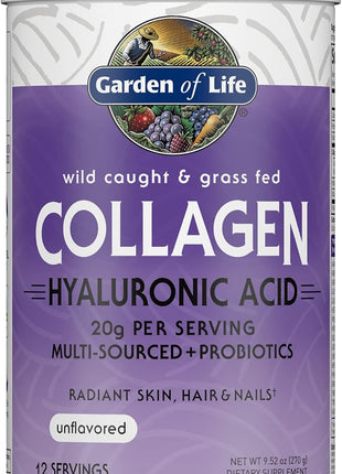 Garden of Life Marine & Grass-Fed Collagen Peptides Powder Supplement (Type I, III) with Probiotics, BCAAs & Hyaluronic Acid for Radiant Hair, Skin & Nails – Unflavored, 20g per serving, 12 Servings