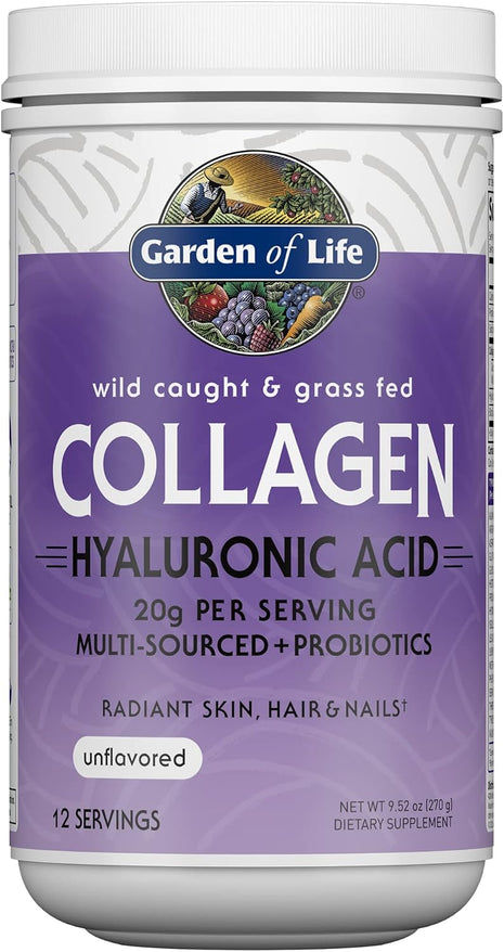 Garden of Life Marine & Grass-Fed Collagen Peptides Powder Supplement (Type I, III) with Probiotics, BCAAs & Hyaluronic Acid for Radiant Hair, Skin & Nails – Unflavored, 20g per serving, 12 Servings