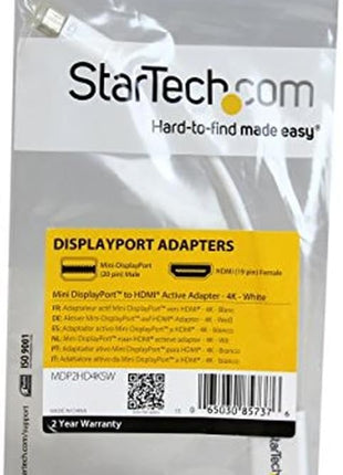 StarTech.com Mini DisplayPort to HDMI Adapter - Active mDP to HDMI Video Converter - 4K 30Hz - Mini DP or 1/2 Mac/PC to HDMI Monitor/TV/Display - mDP 1.2 to HDMI Adapter Dongle - White (MDP2HD4KSW)
