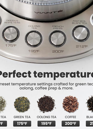 Viante Alba Electric Tea Kettle With Infuser, No Plastic, 1.5L | Borosilicate glass & 304 stainless steel construction. 4 temp presets, keep-warm, cordless, auto shut-off