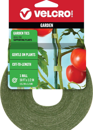 VELCRO Brand VEL-30071-USA ONE-WRAP Garden Ties | Plant Supports for Effective Growing | Strong Grips are Reusable and Adjustable | Cut-to-Length, 50 ft x 1/2 in, Green-Recycled Plastic