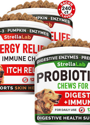 Allergy Relief + Probiotics for Dogs Bundle - Itchy Skin Treatment + Digestion&Gut Health - Omega 3&Pumpkin + Probiotics - Allergy&Anti Itch Support Supplement + Upset Stomach&Gas Relief - Made in USA