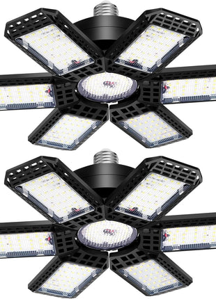 AUDLES 2 Pack Garage Lights, 200W 20000LM 6500K LED Shop Lights, Garage Light Ceiling Led with 6+1 Deformable Panels, Screw in E26/E27 Socket Bulb for Warehouse, Workshop, Basement, Barn Lighting