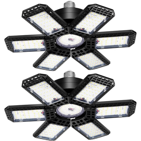 AUDLES 2 Pack Garage Lights, 200W 20000LM 6500K LED Shop Lights, Garage Light Ceiling Led with 6+1 Deformable Panels, Screw in E26/E27 Socket Bulb for Warehouse, Workshop, Basement, Barn Lighting