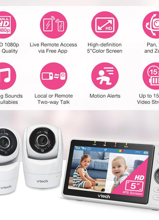 VTech Smart WiFi Baby Monitor, 2 Cameras – See Both Rooms at Home or from Anywhere, Free App, 1080p Split Screen, 5inch HD Screen, Pan-Tilt-Zoom, Night Vision | VM901-2