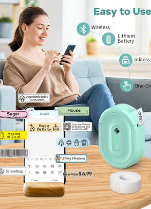 Label Maker Machine with Tape, N12 Portable Bluetooth Label Printer, Wireless Mini Label Makers Thermal Sticker with Multiple Templates for Home, Kitchen, School, Office Organization, Green