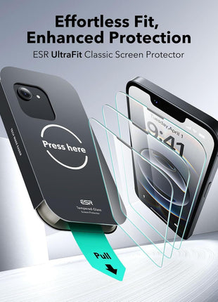 ESR 3 Pack for iPhone 16e/ iPhone 14/ iPhone 13/13 Pro Screen Protector, Military Grade Shatterproof, 9H Hardness, Tempered Glass with UltraFit Tray