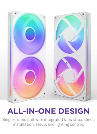 NZXT F240 RGB Core - 240mm Single-Frame RGB Fan Unit - White | 240mm single-frame unit with two 120mm RGB fans on one cable. Speed and lighting controlled through CAM.