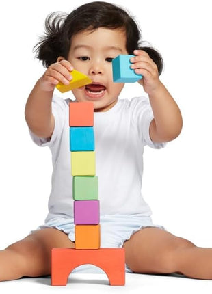 LOVEVERY | The Block Set | Solid Wood Building Blocks and Shapes + Wooden Storage Box, 70 Pieces, 18 Colors, 20+ Activities, Toddler Block Set and Converts into a Pull Car, Ages 12 to 48+ months
