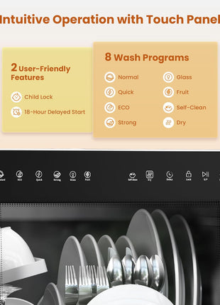 Countertop Dishwasher with Water Softener & Enhanced Energy Efficiency | Portable Dishwasher with 8 Wash Programs, Child Lock & Delayed Start Function, 5L Built-In Water Tank, No Installation Needed