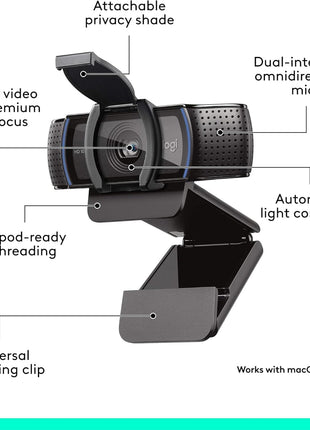 Logitech C920e HD 1080p Mic-Enabled Webcam, Certified for Zoom, Microsoft Teams Compatible, TAA Compliant