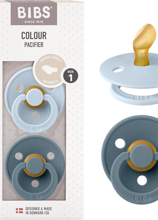BIBS Pacifiers Colour Collection | Natural Rubber Baby Pacifier | Set of 2 BPA-Free Soothers | Made in Denmark | 0+ Months (Pack of 2) | Dusty Blue/Steel Blue