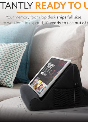 Brookstone Tablet Lap Cushion - Tablet and Phone Holder for Bed, Flights, and Travel, Two Angled Memory Foam Lap Desk for Reading and Hands Free Viewing, Compatible iPad and Kindle Accessories, Black