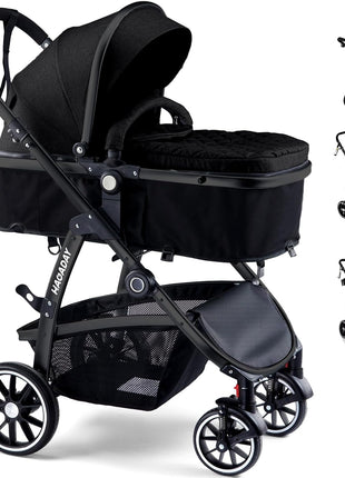 Baby Stroller, 2-in-1 Reversible Toddler Seat with Lie-Flat Mode, Foldable Infant Stroller with Canopy, One Button Brake, Adjustable Handle, Newborn Pushchair (Black B)