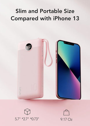 VRURC Portable Charger Power Bank, Built-in 4 Cables & 2 Ports,10000mAh Slim Battery Pack with LED Display, Travel Essential USB C Portable Phone Charger for All Cell Phones Devices-Pink(1 Pack)
