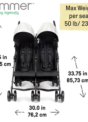 Summer Infant 3Dlite Folding Lightweight Side by Side Double Stroller with 5-Point Safety Harness for Infants and Toddlers, Black