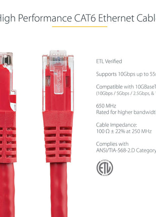 StarTech 50ft CAT6 Ethernet Cable - Red CAT 6 Gigabit Ethernet Wire -250Mhz 100W PoE RJ45 UTP Molded Network Patch Cord with Strain Relief (C6PATCH50RD)