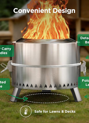 CIAYS Smokeless Firepit, 19 Inch Fire Pit for Camping with Patented Technology, Portable Fire Pit for Outside with Steel Grill Rack, Fire Poker, and Bag, Easy Setup and Storage, Wood Burning, Silver