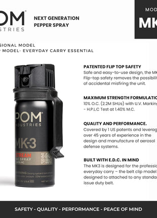 POM MK3 Pepper Spray, Belt Clip Model, Maximum Police Strength OC with UV Marking Dye, Quick Flip Top Safety, 360° Performance at Any Angle, Powerful Accurate Stream, 18 ft Range, 1.8 fl oz