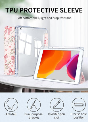 Case for iPad 9th/ 8th/ 7th Generation Case 10.2 Inch (2021/2020/2019 Release), Slim Trifold Clear Back Transparent Cover with Pencil Holder & Auto Sleep/Wake Cover,Bow Heart Floral Print