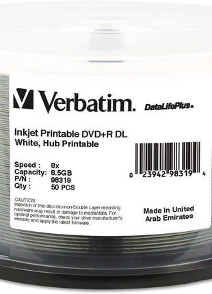 Verbatim DVD+R DL 8.5GB 8X DataLifePlus White Inkjet Printable, Hub Printable - 50pk Spindle