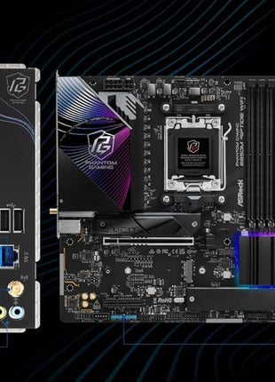 ASRock AMD B850M Phantom Gaming Riptide WiFi 7 Socket AM5 Ryzen 9000, 8000 and 7000 Series DDR5 B850 up to 8000+ (OC) MHz 256GB Micro ATX Motherboard M.2 SATA3 6.0 Gb/s PCIe 5.0 BIOS Flashback